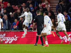 Leeds United’s Wilfried Gnonto celebrates scoring their side’s third goal of the game during the Sky Bet Championship match at the Riverside Stadium, Middlesbrough. Picture date: Monday April 22, 2024.