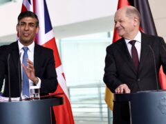 Prime Minister Rishi Sunak and Germany’s Chancellor Olaf Scholz speak during a press conference at the Chancellery in Berlin (Henry Nicholls/PA)