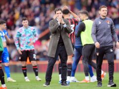 Bournemouth manager Andoni Iraola (centre) applauds the fans after victory over Brighton (Adam Davy/PA).