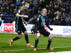 Leicester City’s Jamie Vardy celebrates scoring their side’s first goal of the game with Kasey McAteer (left) during the Sky Bet Championship match at Deepdale, Preston. Picture date: Monday April 29, 2024.