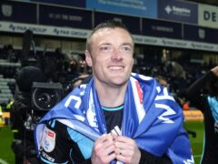 Leicester City’s Jamie Vardy celebrates securing the Championship title after the Sky Bet Championship match at Deepdale, Preston. Picture date: Monday April 29, 2024.