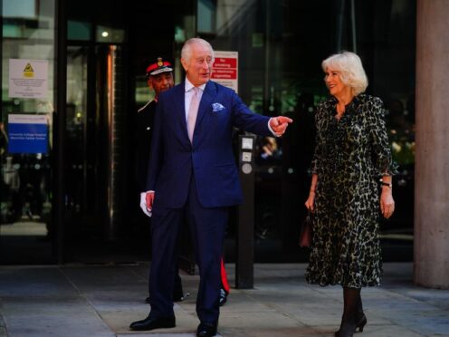 The King and Queen arrive for a visit to University College Hospital Macmillan Cancer Centre (Victoria Jones/PA)