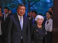 US Treasury Secretary Janet Yellen and Chinese Vice Premier He Lifeng arrive for a bilateral meeting at the Guangdong Zhudao Guest House in southern China’s Guangdong province on Saturday (Andy Wong/AP)