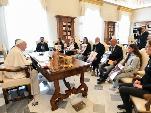 Pope Francis meets with relatives of Israeli hostages being held by Hamas, at the Vatican on Monday (Vatican Media via AP)