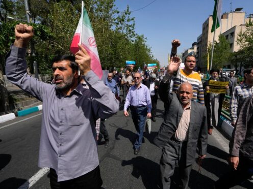 Iranians chant slogans during an anti-Israeli gathering in Tehran (AP Photo/Vahid Salemi)