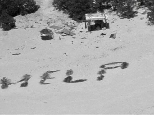 The men spelled out ‘help’ with palm fronds (US Coast Guard/AP)
