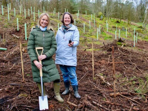 Artist Lucy Pittaway with estate owner Felicity Cunliffe-Lister at the new woodland site she has created in memory of the felled Sycamore Gap tree (Handout/PA)