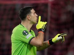 Emiliano Martinez was the hero as Aston Villa advanced to the semi-finals of the Europa Conference League (Christophe Ena/AP)