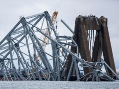 A section of the damaged and collapsed Francis Scott Key Bridge (Kaitlin Newman/The Baltimore Banner via AP)
