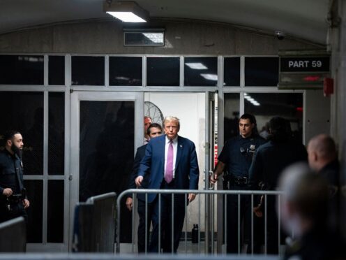 Former President Donald Trump steps outside the courtroom (Maansi Srivastava/The New York Times via AP, Pool)