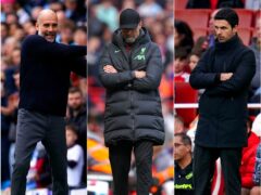 Pep Guardiola, left, and Mikel Arteta, right, might be left to contest the title alone after Jurgen Klopp’s Liverpool suffered a bad week (Martin Rickett/Peter Byrne/Adam Davy/PA)
