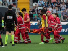 Roma’s Evan Ndicka is carried from the pitch on a stretcher (Andrea Bressanutti/AP/PA)