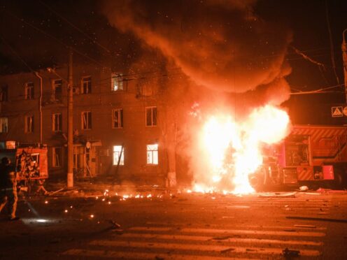 A fire engine on fire after Russian drone strikes on a residential neighbourhood in Kharkiv, Ukraine (George Ivanchenko/AP)