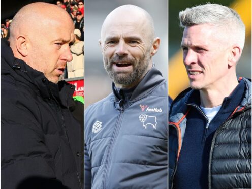 Paul Warne, centre, is chasing promotion while Charlie Adam, left, and Steve Morison are threatened by relegation (Barrington Coombs/Nigel French/Rhianna Chadwick/PA)