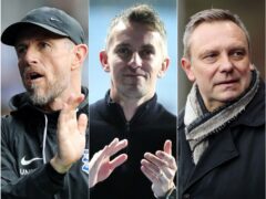 Kieran McKenna, centre, is on the brink of promotion with Ipswich but Birmingham boss Gary Rowett, left, and Huddersfield’s Andre Breitenreiter are in relegation danger (Jess Hornby/Bradley Collyer/PA)