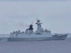 A Chinese navy vessel identified as the Chinese Missile Frigate FFG 548 is seen near the Pengjia Islet north of Taiwan on Thursday (Taiwan Coast Guard via AP)