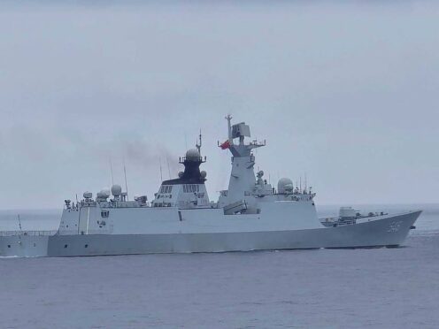 A Chinese navy vessel identified as the Chinese Missile Frigate FFG 548 is seen near the Pengjia Islet north of Taiwan on Thursday (Taiwan Coast Guard via AP)