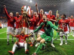 Manchester United celebrate winning the Champions League in Moscow (Owen Humphreys/PA)
