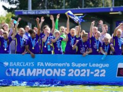 Chelsea’s Magdalena Eriksson lifts the Barclays FA Women’s Super League trophy after a 4-2 victory over Manchester United (Adam Davy/PA)