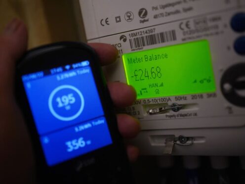 A handheld smart meter for household energy usage is held next to an electricity meter (PA)