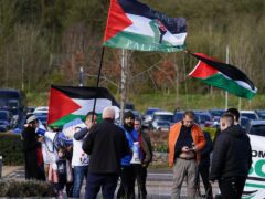 A pro-Palestine protest outside the Black Country & Marches Institute of Technology in Dudley where Labour leader Sir Keir Starmer launched his party’s local elections campaign in March (Jordan Pettitt/PA)
