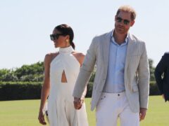 The Duke and Duchess of Sussex at the Royal Salute Polo Challenge, to benefit Sentebale, at The USPA National Polo Center in Wellington, Florida, US. Picture date: Friday April 12, 2024. (Yaroslav Sabitov/PA)