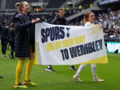 Tottenham goalkeeper Barbora Votikova (left) and Ramona Petzelberger celebrate after the club reached the Women’s FA Cup final (Zac Goodwin/PA)