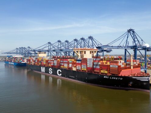 The world’s joint largest cargo ship MSC Loreto docked at the Port of Felixstowe in Suffolk (Joe Giddens/ PA)
