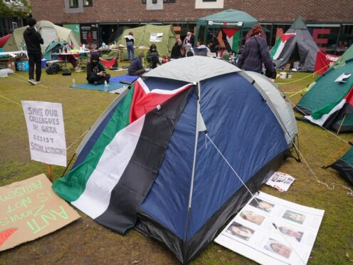 Students at an encampment on the grounds of Newcastle University, protesting against the war in Gaza (Owen Humphreys/PA)
