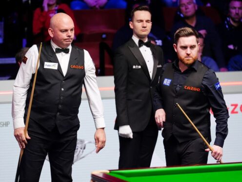 Jak Jones (right) is level with former champion Stuart Bingham in their semi-final clash (Mike Egerton/PA)