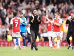 Arsenal manager Mikel Arteta celebrates after the Premier League match at the Emirates Stadium, London. Picture date: Saturday May 4, 2024.
