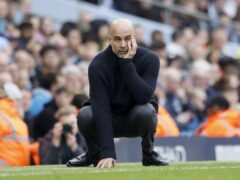Manchester City manager Pep Guardiola reacts on the touchline during the Premier League match at the Etihad Stadium, Manchester. Picture date: Saturday May 4, 2024.