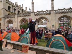 Students speaking at an encampment on the grounds of Cambridge University (PA)