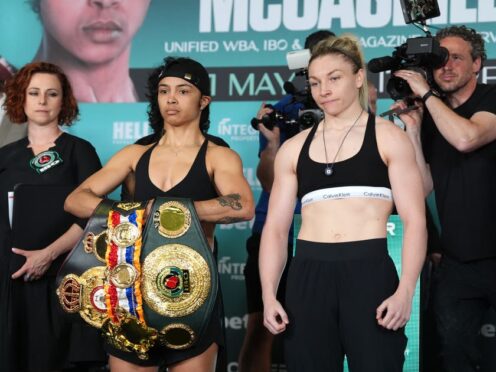 Jessica McCaskill (left) puts her world title belts on show before her Cardiff showdown with Lauren Price (Bradley Collyer/PA)