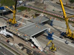Engineering works taking place at the A3 Wisley interchange at Junction 10 of the M25 as concrete beams for a new bridge are installed (Jordan Pettitt/PA)