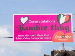 A general view of a sign at a watch-along party in the town square of Ireland’s Eurovision entrant Bambie Thug’s hometown of Macroom in Co Cork, as the Eurovision final takes place at Malmo Arena (Noel Sweeney/PA)