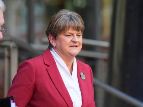 Baroness Arlene Foster leaving the Clayton Hotel in Belfast after giving evidence to the UK Covid-19 inquiry hearing (Niall Carson/PA)