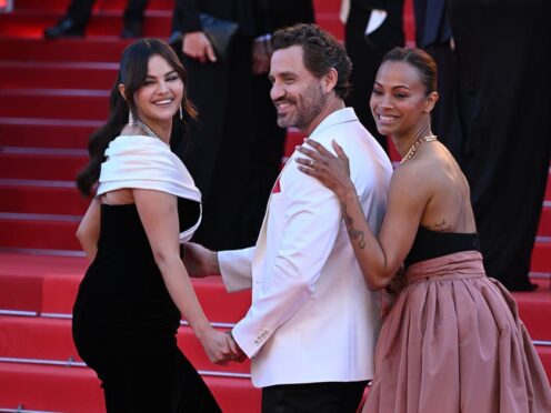 Selena Gomez, Edgar Ramirez and Zoe Saldana attend the Emilia Perez premiere during the 77th Cannes Film Festival (Doug Peters/PA)