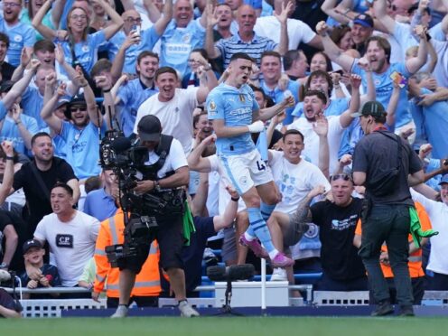 Phil Foden celebrates scoring Manchester City’s opener (Martin Ricket/PA)