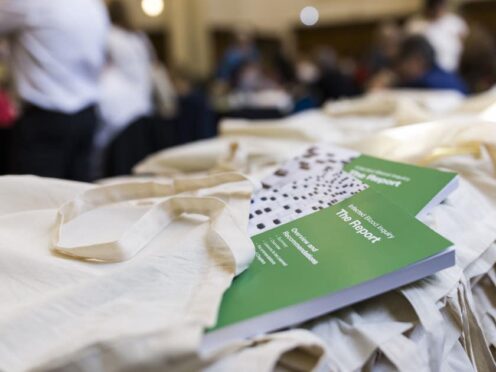Copies of Sir Brian Langstaff’s report at Central Hall Westminster London (Tracey Croggon/Infected Bllod Inquiry/PA)