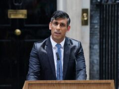 Prime Minister Rishi Sunak was soaked while making a speech outside No 10 (Lucy North/PA)