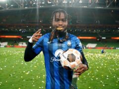 Atalanta’s Ademola Lookman celebrates with the match ball after scoring a hat-trick in the Europa League final (Brian Lawless/PA)