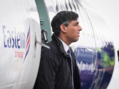Prime Minister Rishi Sunak arrives at Birmingham Airport, while on the General Election campaign trail (Stefan Rousseau/PA)
