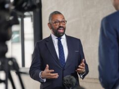 Home Secretary James Cleverly speaks to the media outside BBC Broadcasting House (Yui Mok/PA)