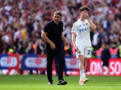 Daniel Farke with dejected Leeds player Archie Gray after defeat at Wembley (Adam Davy/PA)