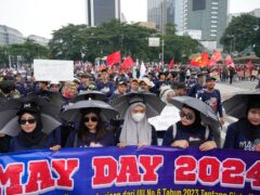 Activists took to the streets in Asian capitals and European cities on Wednesday to mark May Day with protests over rising prices and government labour policies, and calls for improved workers’ rights (Achmad Ibrahim/AP)