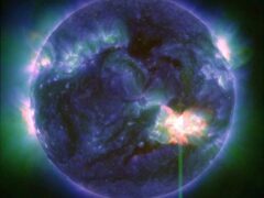 A solar flare, as seen in the bright flash in the lower right, captured by Nasa’s Solar Dynamics Observatory on May 9 (Nasa/SDO via AP)