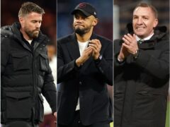 Rob Edwards, left, and Vincent Kompany are on the brink of relegation while Brendan Rodgers, right, and Celtic can strike a near-decisive blow in the title race (Mike Egerton/Martin Rickett/Steve Welsh/PA)