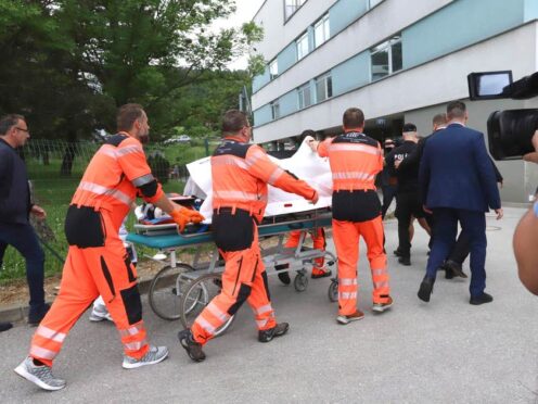 Rescue workers take Slovak prime minister Robert Fico, who was shot and injured, to a hospital in Banska Bystrica (Jan Kroslak/TASR via AP)