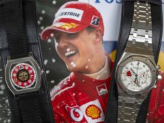 Two watches belonging to Michael Schumacher on display during a preview at Christie’s in Geneva, Switzerland (Martial Trezzini/Keystone via AP)